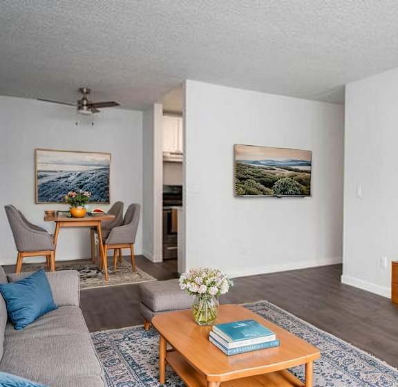 A living room with a grey couch, a wooden coffee table, a flat screen TV, and a painting on the wall.