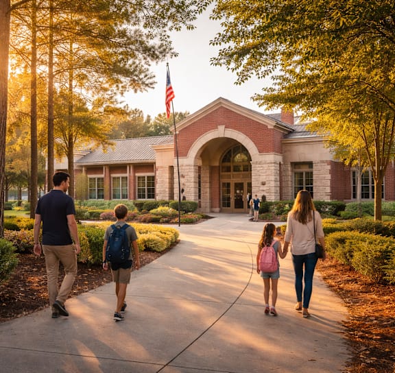 A family of three are walking down a path in front of a building with an American flag.
