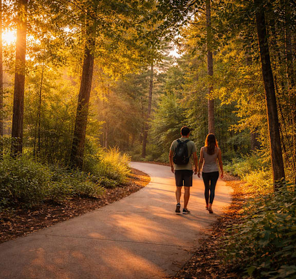 Two people walking on a path in the woods during sunset.