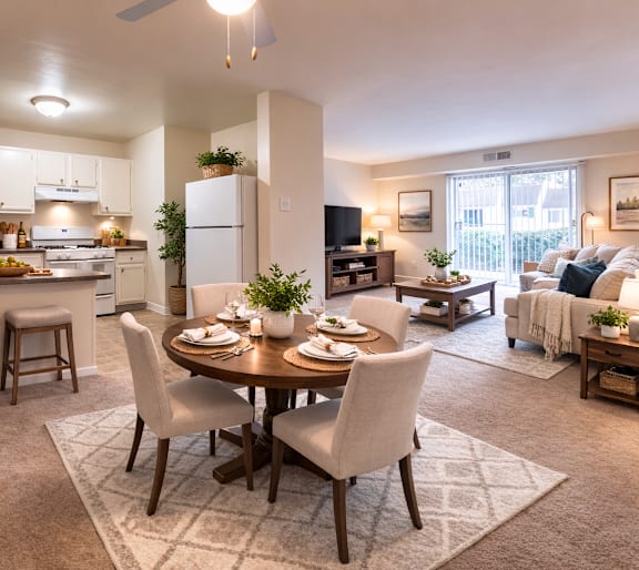 A well-lit, modern kitchen and dining area with a table set for a meal.
