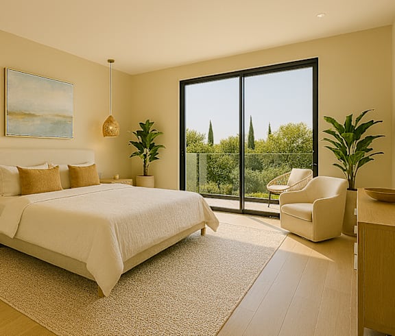 A bedroom with a large bed and a view of trees outside the window.