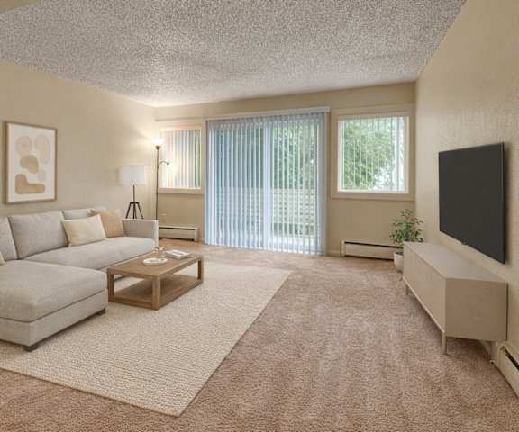 Empty bedroom at Arctic Sun Apartments.