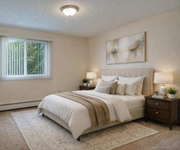 The living room of an empty home with a window and carpet at Bay Arms Apartment Homes.
