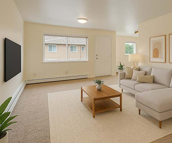A large empty living room with carpeting, a fireplace, and the entrance to the patio at the Legacy West Apartment Homes. 