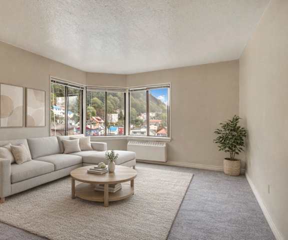 A bedroom with a twin-size bed, a dresser, decorations, window, and nightstands at Mendenhall Tower Apartments. 