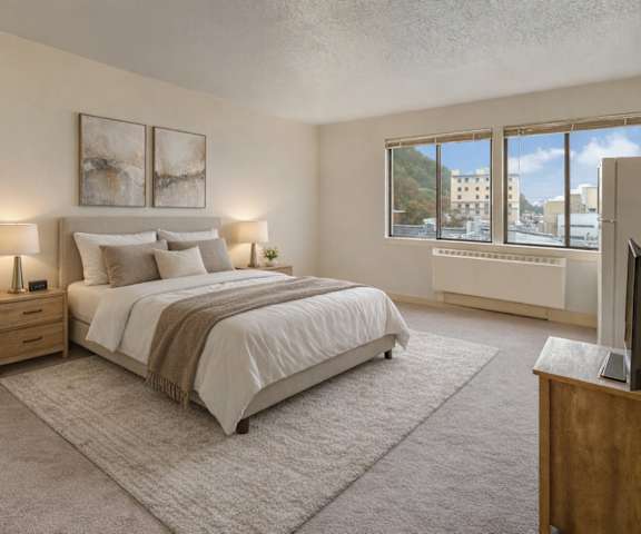A bedroom with a queen-size bed, a dresser, decorations, window, and nightstands at Mendenhall Tower Apartments. 