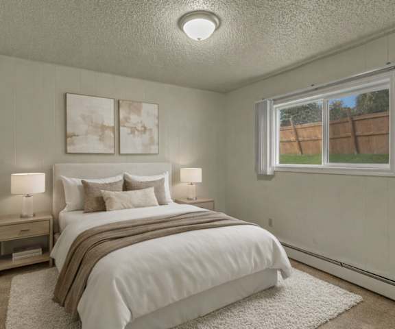 A large kitchen with black appliances, marble countertops with ample space, and spacious wooden cabinets with decorations at Montclair Apartment Homes.
