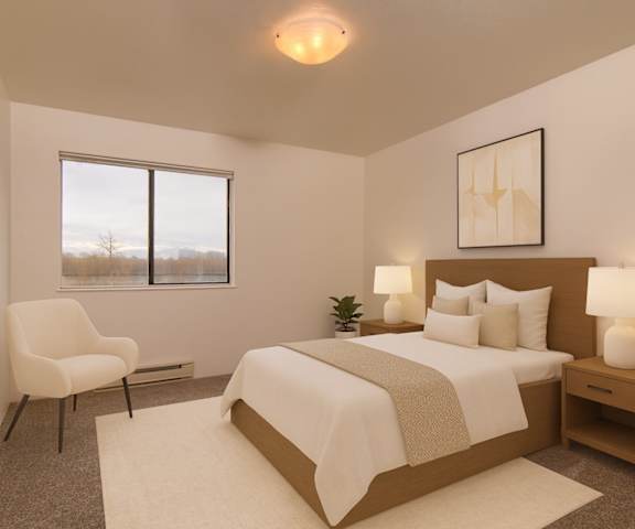 A spacious bedroom with natural lighting, a queen-size bed with a bedspread, a dresser, wall art, lamps, decorations, window, and nightstand with a lamp at the Outlook Apartment Homes. 