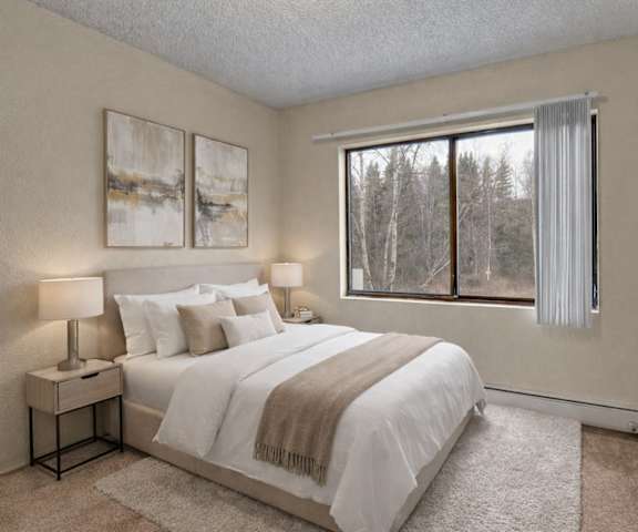 An empty carpeted bedroom with a closet and a hallway at Park Plaza Apartments. 