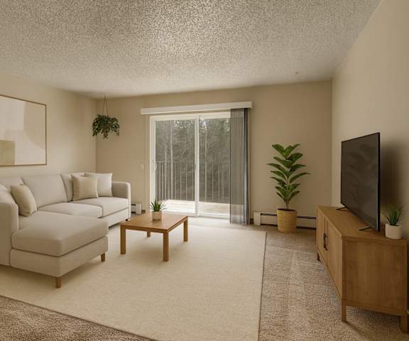 An empty carpeted bedroom with a window at Quiet Creek Apartments. 