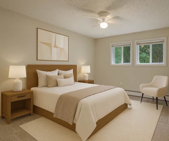 An empty carpeted bedroom with two windows and a ceiling fan at Rancho Tudor Apartments. 