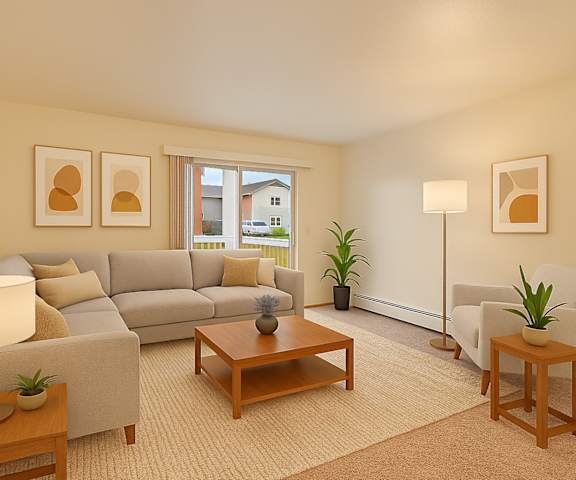 The cozy kitchen with spacious gray counters, a white refrigerator, a black dishwasher, and a white oven with light wooden cabinets with a lot of room at Strawberry Lane Apartment Homes. 