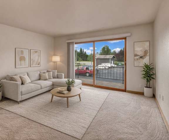A large, empty living room with carpeting and a sliding glass door to the balcony at the Alaskan Apartment Homes. 
