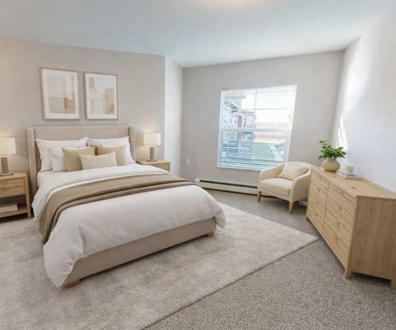A spacious bedroom with a queen-size bed with a gray patterned bedspread, a dresser, wall art, lamps, decorations, window, and nightstands at the Club at Heritage Apartment Homes. 