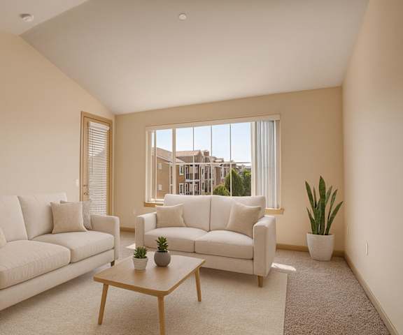 A large kitchen with stainless steel appliances, bar counter with barstools, kitchen utensils, marble countertops with lots of room, and large wooden cabinets at the Vintage Apartment Homes. 