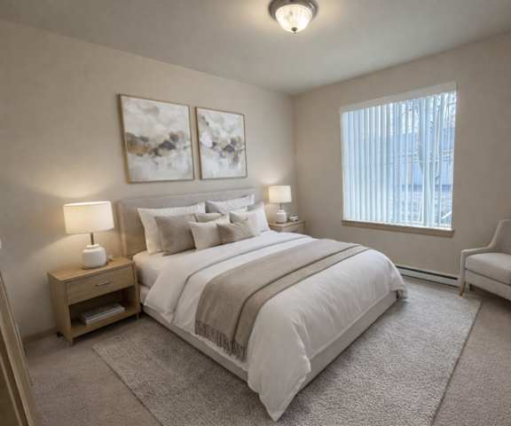 A spacious bedroom with a queen-size bed with a bedspread, a dresser, wall art, lamps, decorations, window, and nightstands at the Vintage Apartment Homes. 