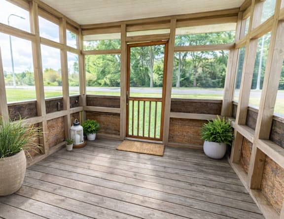 A wooden deck with a door and potted plants.