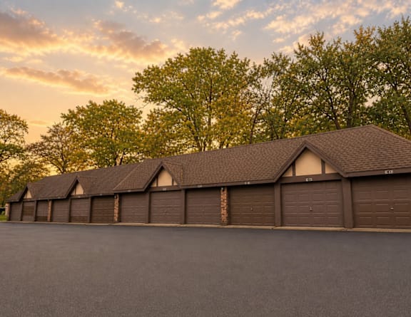 A row of houses with garages are in front of trees.