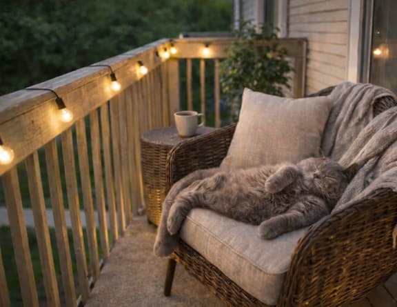 A cat is sleeping on a wicker chair on a porch.