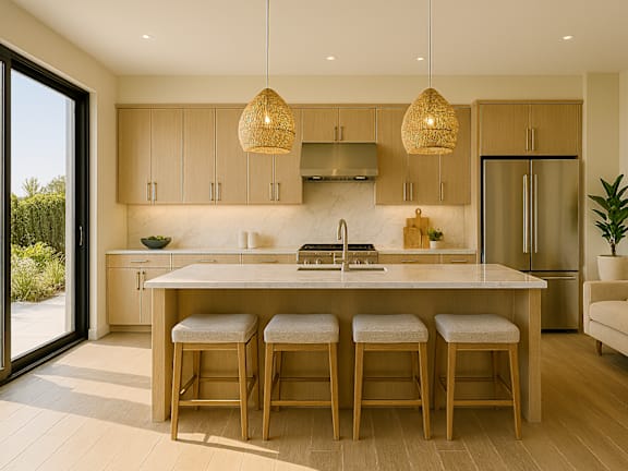 A kitchen with a bar stool and a couch.