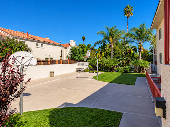 A sunny day at a residential area with a house, trees, and a basketball hoop.