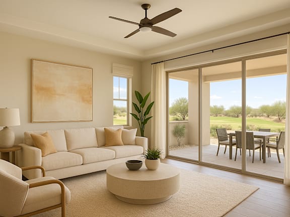 A living room with a white sofa, a round coffee table, and a painting on the wall.