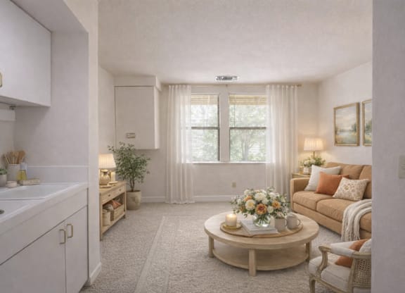 Open concept room and kitchen area at Hilltop Commons Senior Living Apartments, Grass Valley, 95945