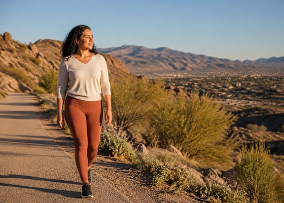 A woman is walking on a road with a beautiful view of the mountains in the background.