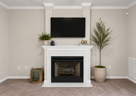 A living room with a fireplace and a flat screen TV mounted above it.