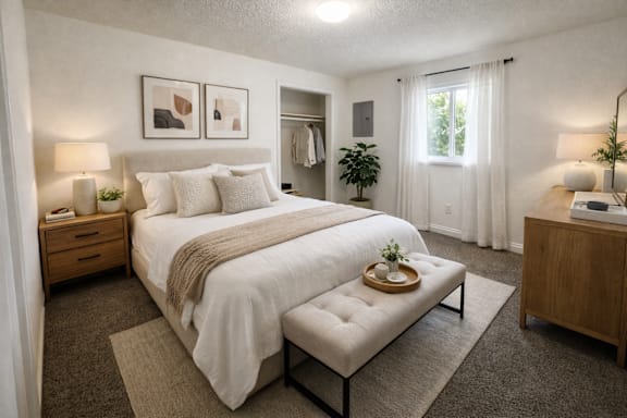 A bedroom with a large bed, a bench, and a plant.