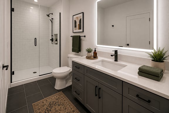 Contemporary bathroom with backlit mirror and dark vanity at Textile Lofts Apartments, Cincinnati, Ohio