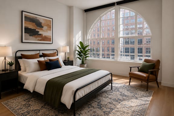 Bedroom with arched window and vintage rug at Textile Lofts Apartments, Cincinnati