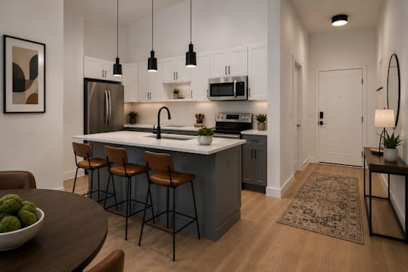 Open kitchen with island seating and pendant lighting at Textile Lofts Apartments, Cincinnati, 45202