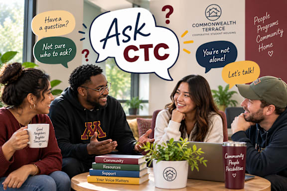 Four people sitting around a table with a sign that says "Ask CTC" and a coffee mug that says "Community Support Your Voice Matters".