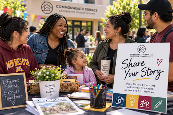 A group of people are gathered around a table with a sign that says "Share Your Story" in front of a building with a sign that says "Commonwealth Terrace Cooperative Student Housing."