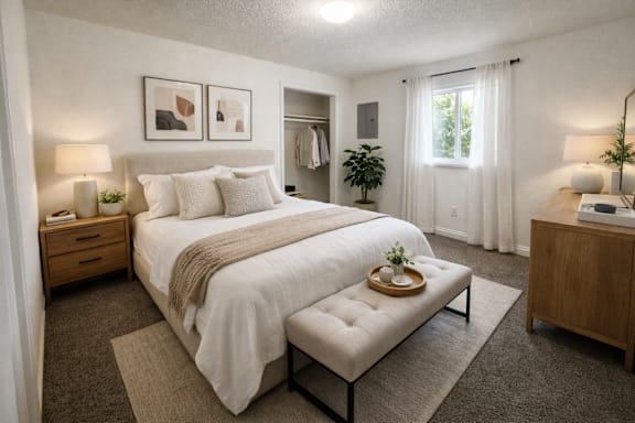 A bedroom with a large bed and a bench in front of it.