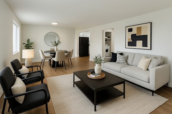 A modern living room with a black coffee table and a white sofa.