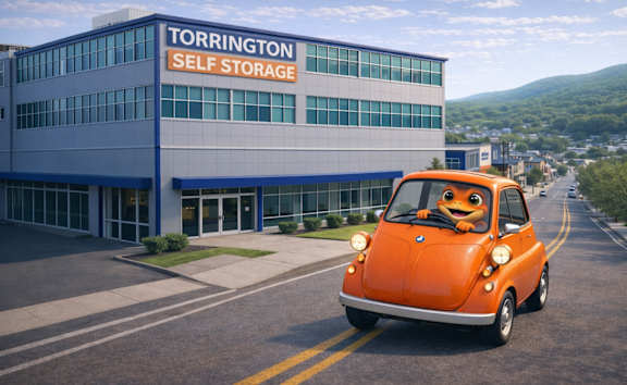 A Torrington Self Storage building with a small orange car in front.