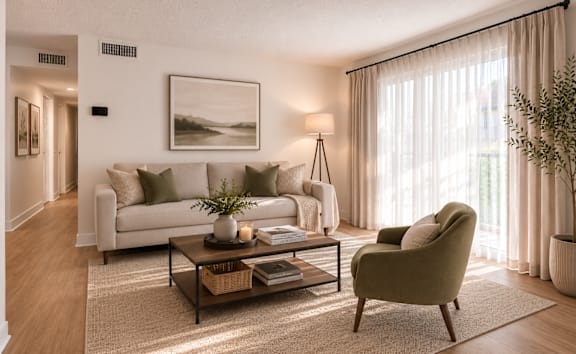 A living room with a white couch, a green armchair, and a coffee table with a vase of flowers on it.