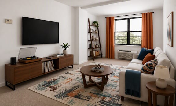 A living room with a white couch, a wooden coffee table, and a flat-screen TV mounted on the wall.