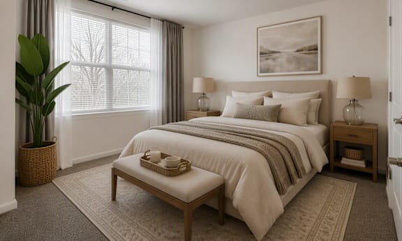 A bedroom with a large bed and a window with curtains.