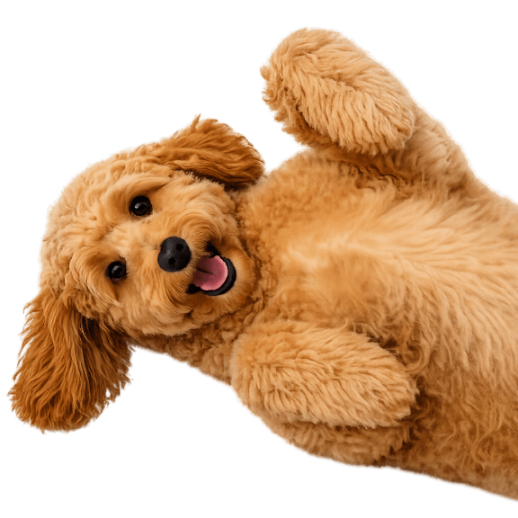 A cute brown dog lying on its back.