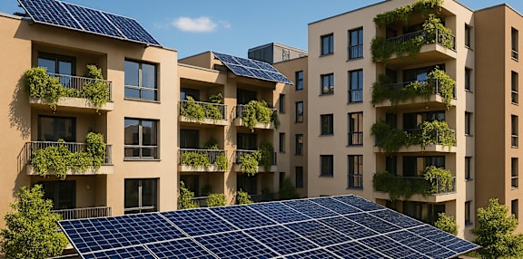 A building with solar panels on the roof and plants on the balconies.