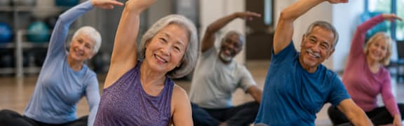 A group of seniors are doing yoga in a brightly lit room.