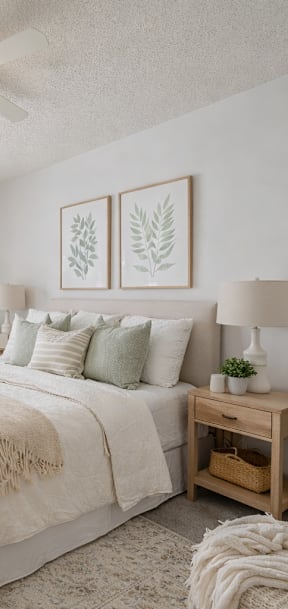 A bedroom with a large bed, a window, and a ceiling fan.