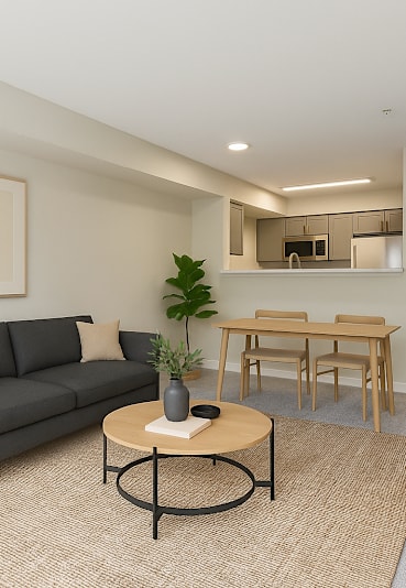 Living Room With Kitchen View at Excalibur Apartment Homes, Bellevue, WA