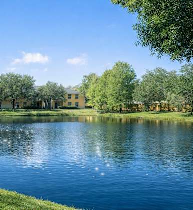 A serene lake surrounded by lush greenery and buildings in the distance.