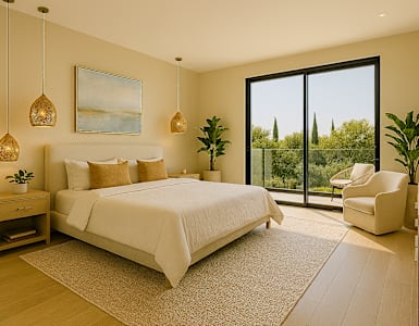A bedroom with a large bed and a view of trees outside the window.