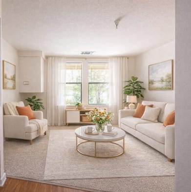 A well-lit, white-walled living room with a couch, chair, and coffee table.