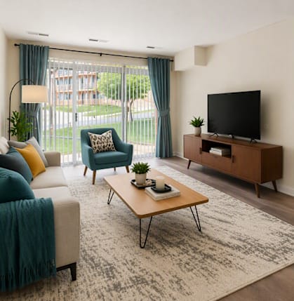 A living room with a couch, a coffee table, a television, and a window with a view of a garden.